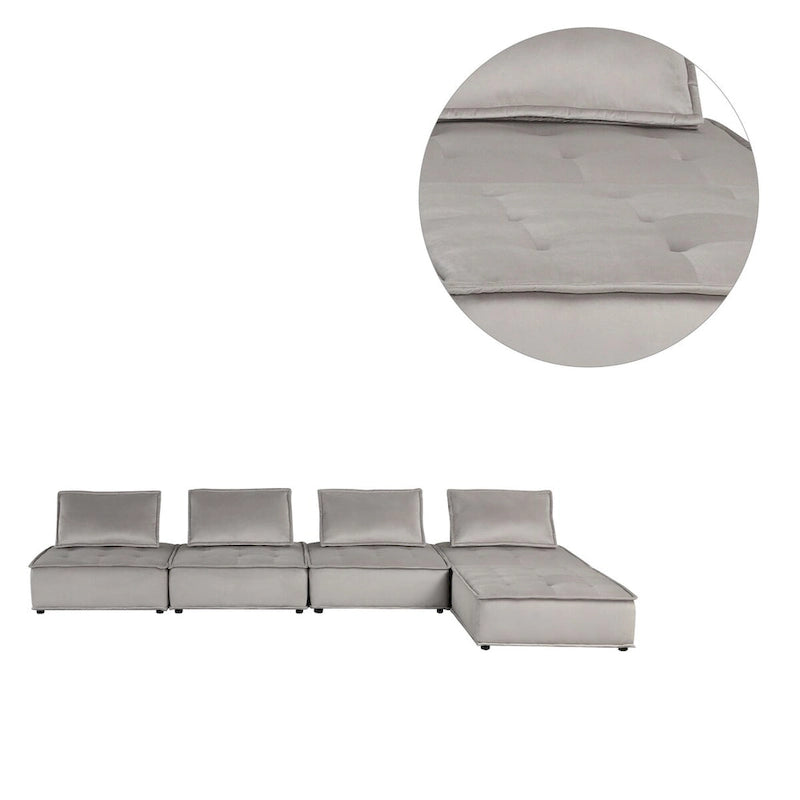 Velvet Modular Sectional Sofa with Ottoman, 5-Seat (Light Gray / Black)