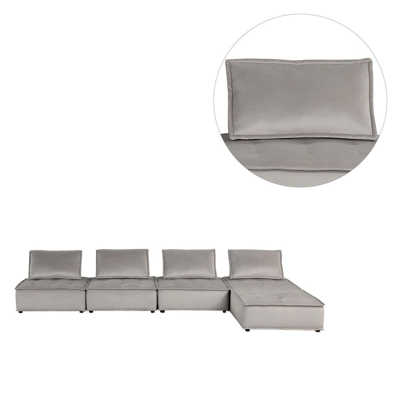 Velvet Modular Sectional Sofa with Ottoman, 5-Seat (Light Gray / Black)