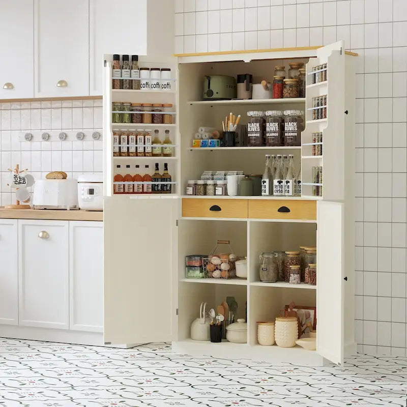 Cream Freestanding Kitchen Pantry Cabinet, 4-Door with 2 Drawers