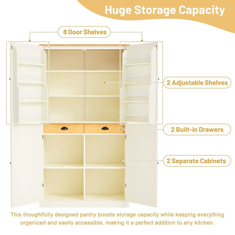 Cream Freestanding Kitchen Pantry Cabinet, 4-Door with 2 Drawers