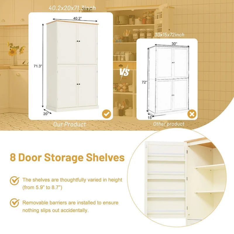 Cream Freestanding Kitchen Pantry Cabinet, 4-Door with 2 Drawers