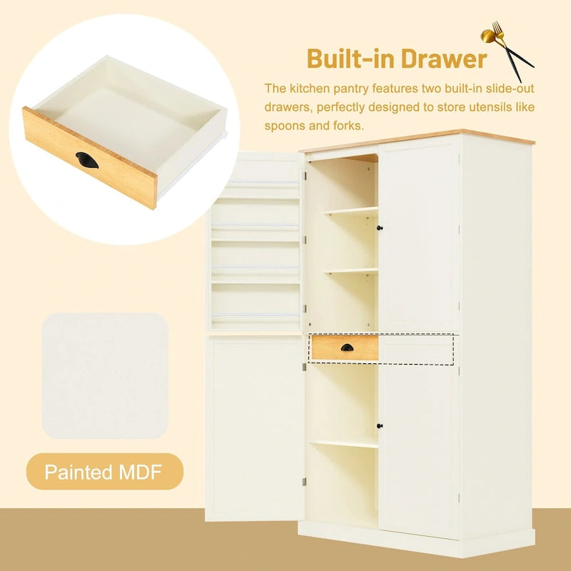 Cream Freestanding Kitchen Pantry Cabinet, 4-Door with 2 Drawers