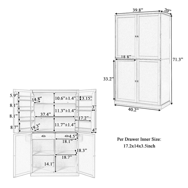 Cream Freestanding Kitchen Pantry Cabinet, 4-Door with 2 Drawers