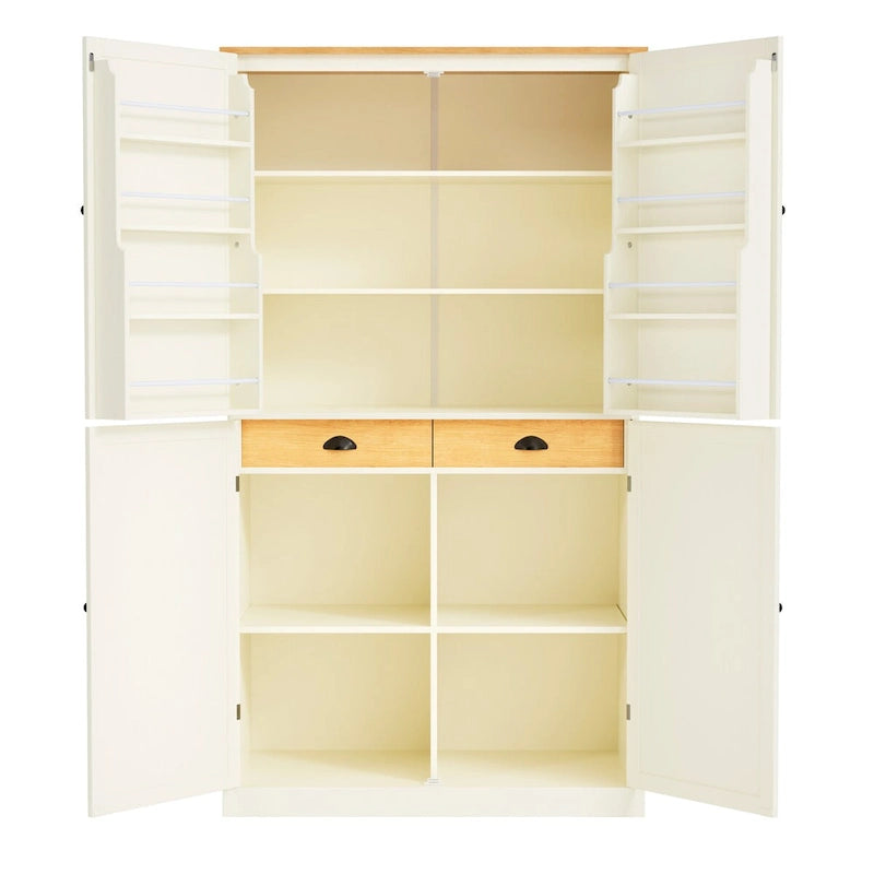 Cream Freestanding Kitchen Pantry Cabinet, 4-Door with 2 Drawers