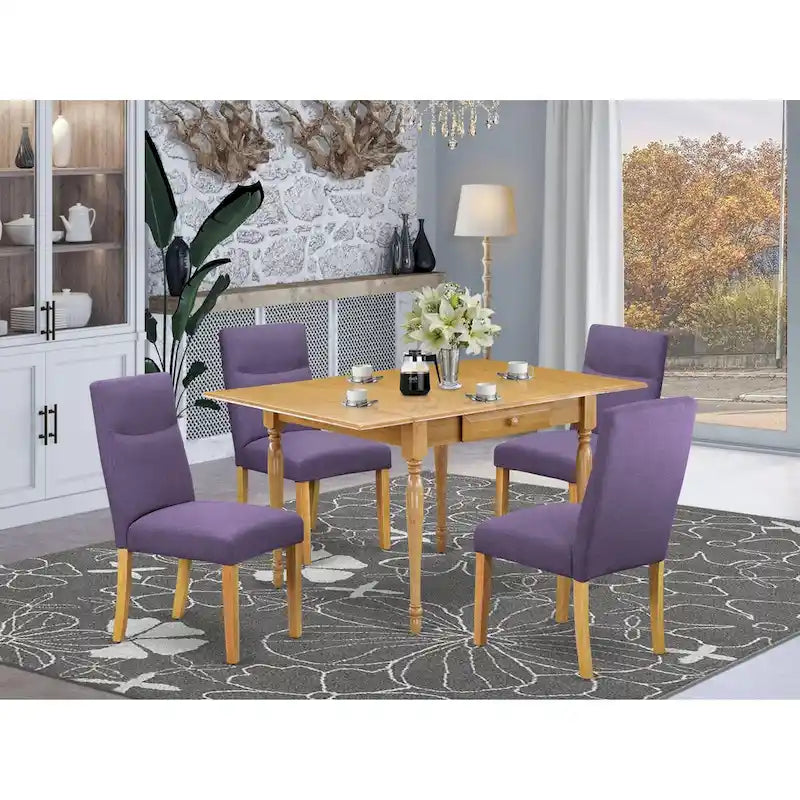 Oak Drop-Leaf Dining Table Set with Linen Parson Chairs, 3- or 5-Seat