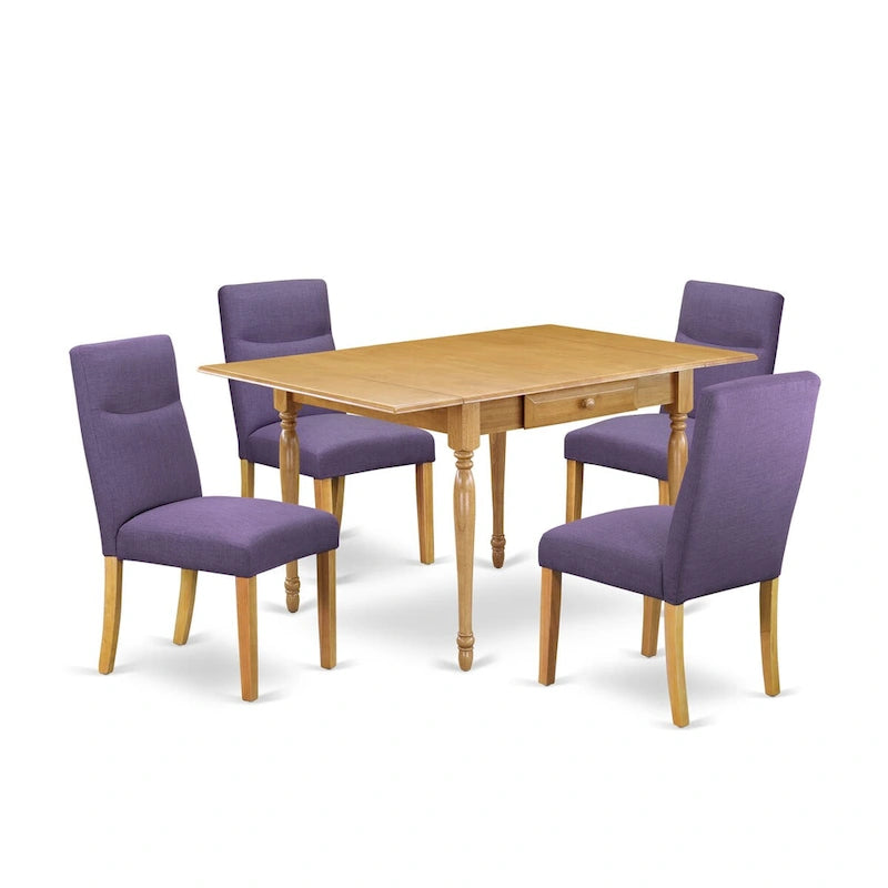 Oak Drop-Leaf Dining Table Set with Linen Parson Chairs, 3- or 5-Seat