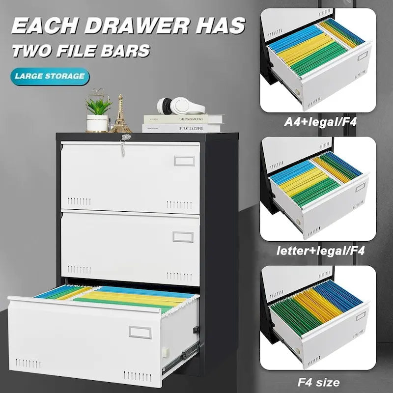 Black / White 3-Drawer Locking Metal Lateral File Cabinet – 1 User