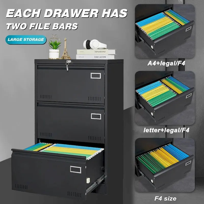 Black / White 3-Drawer Locking Metal Lateral File Cabinet – 1 User