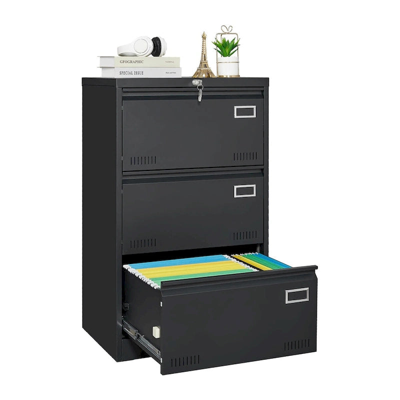 Black / White 3-Drawer Locking Metal Lateral File Cabinet – 1 User