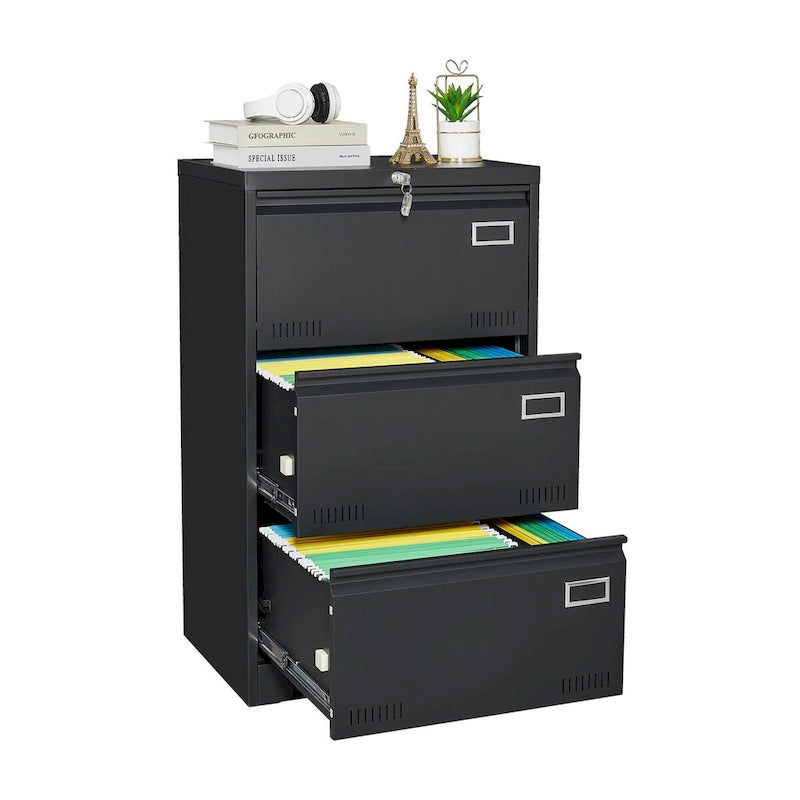 Black / White 3-Drawer Locking Metal Lateral File Cabinet – 1 User
