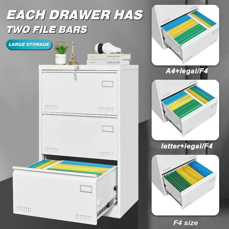 Black / White 3-Drawer Locking Metal Lateral File Cabinet – 1 User