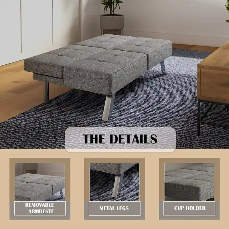 Grey Linen Convertible Futon Sofa Bed, Single