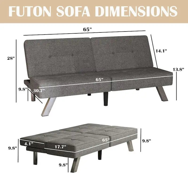 Grey Linen Convertible Futon Sofa Bed, Single