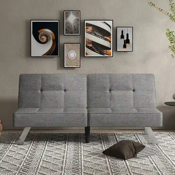 Grey Linen Convertible Futon Sofa Bed, Single