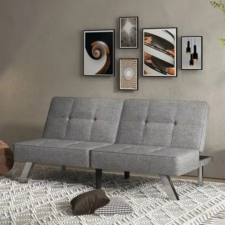 Grey Linen Convertible Futon Sofa Bed, Single
