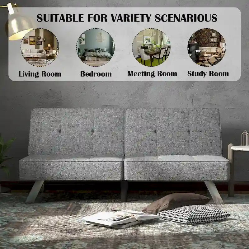 Grey Linen Convertible Futon Sofa Bed, Single