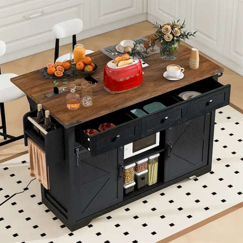 White / Black Farmhouse Kitchen Island with Power Outlet | 2-Door 3-Drawer Rolling Cart