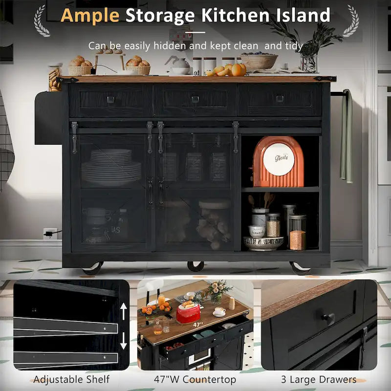 White / Black Farmhouse Kitchen Island with Power Outlet | 2-Door 3-Drawer Rolling Cart