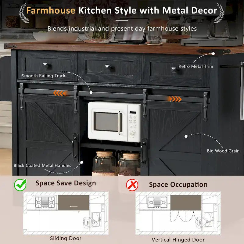 White / Black Farmhouse Kitchen Island with Power Outlet | 2-Door 3-Drawer Rolling Cart