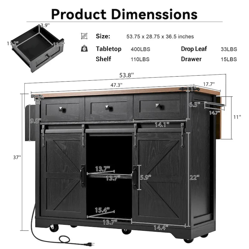 White / Black Farmhouse Kitchen Island with Power Outlet | 2-Door 3-Drawer Rolling Cart