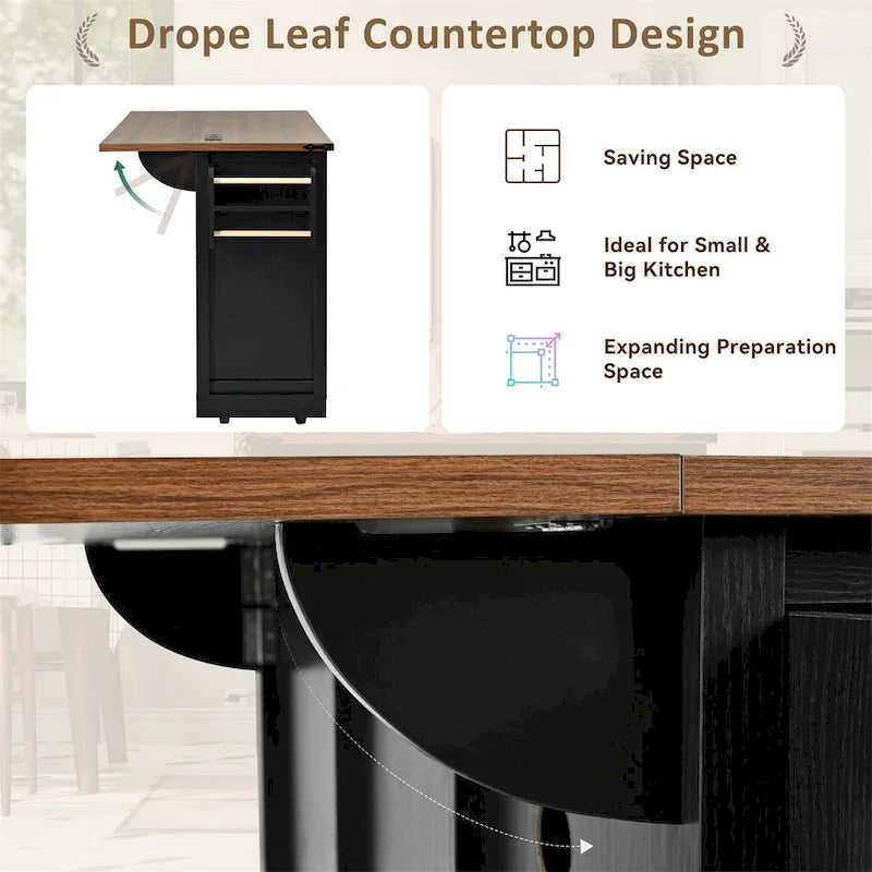 White / Black Farmhouse Kitchen Island with Power Outlet | 2-Door 3-Drawer Rolling Cart
