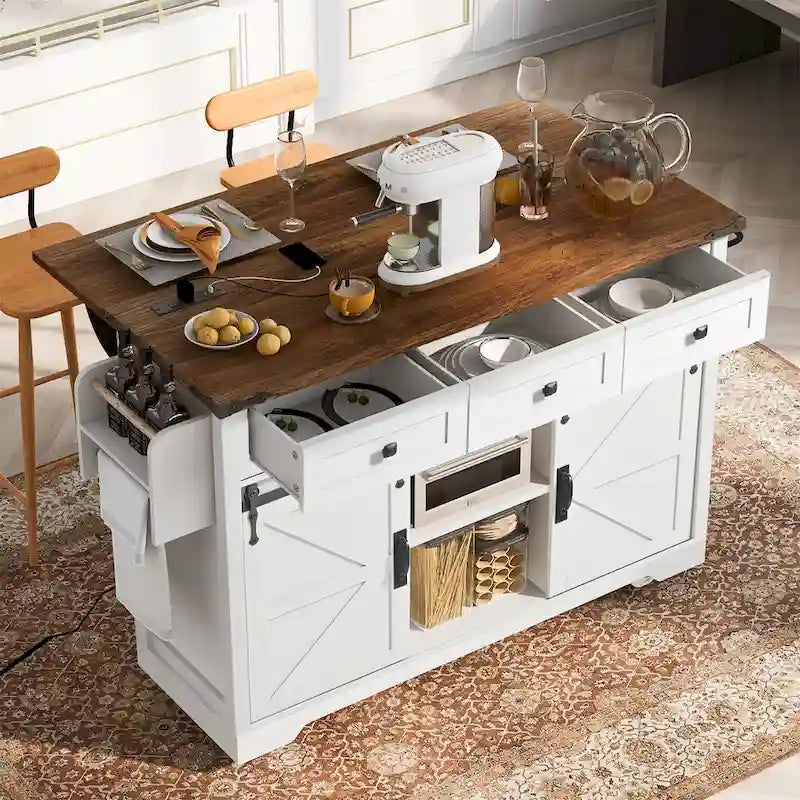 White / Black Farmhouse Kitchen Island with Power Outlet | 2-Door 3-Drawer Rolling Cart
