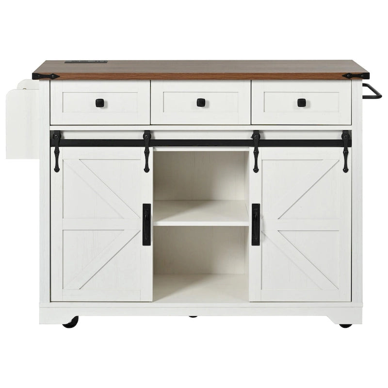 White / Black Farmhouse Kitchen Island with Power Outlet | 2-Door 3-Drawer Rolling Cart