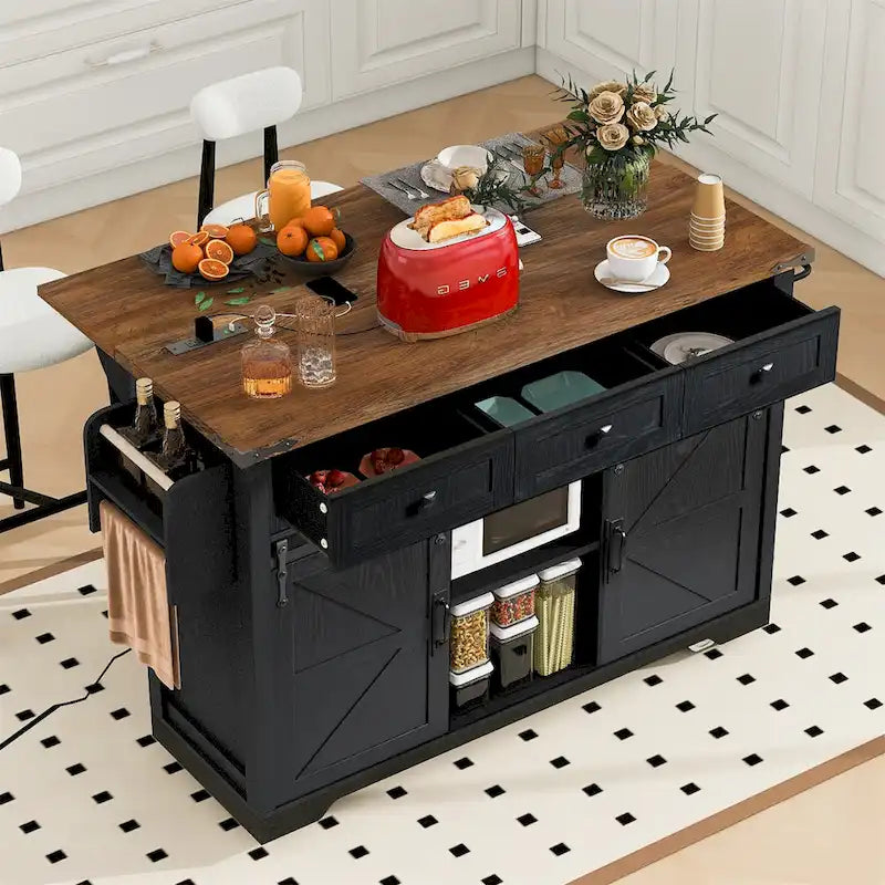 White / Black Farmhouse Kitchen Island with Power Outlet | 2-Door 3-Drawer Rolling Cart