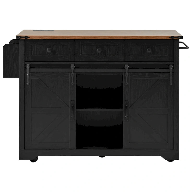 White / Black Farmhouse Kitchen Island with Power Outlet | 2-Door 3-Drawer Rolling Cart