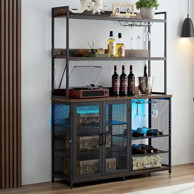 Brown Industrial 3-Tier Coffee Bar Cabinet with LED Strip and Power Outlet