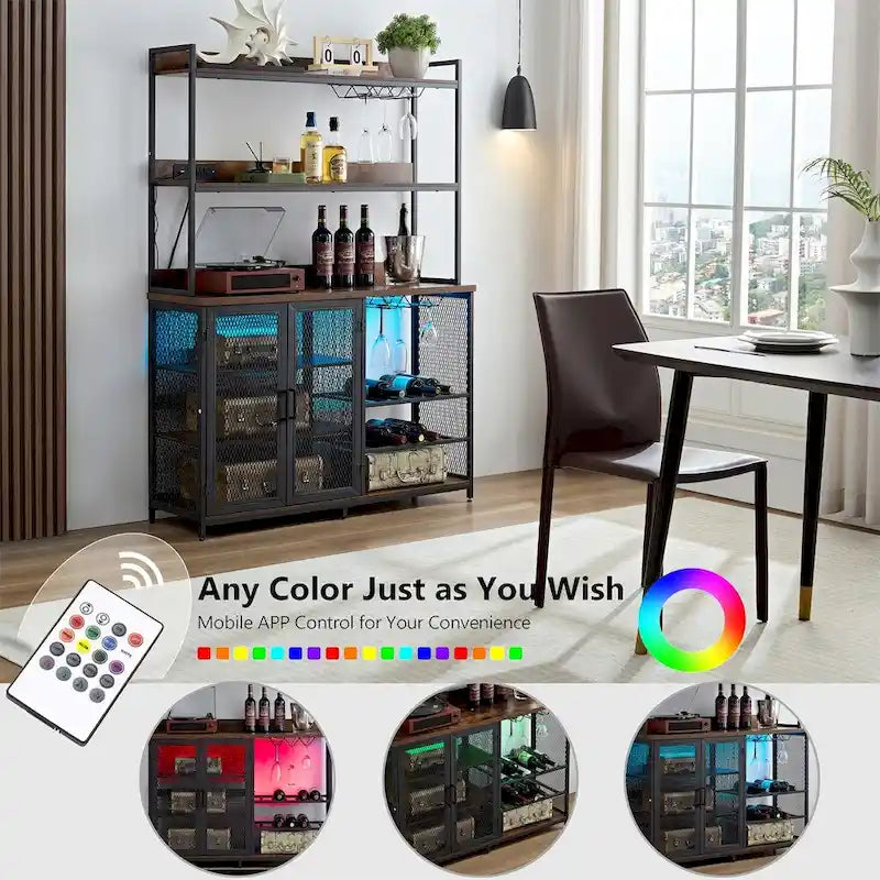 Brown Industrial 3-Tier Coffee Bar Cabinet with LED Strip and Power Outlet
