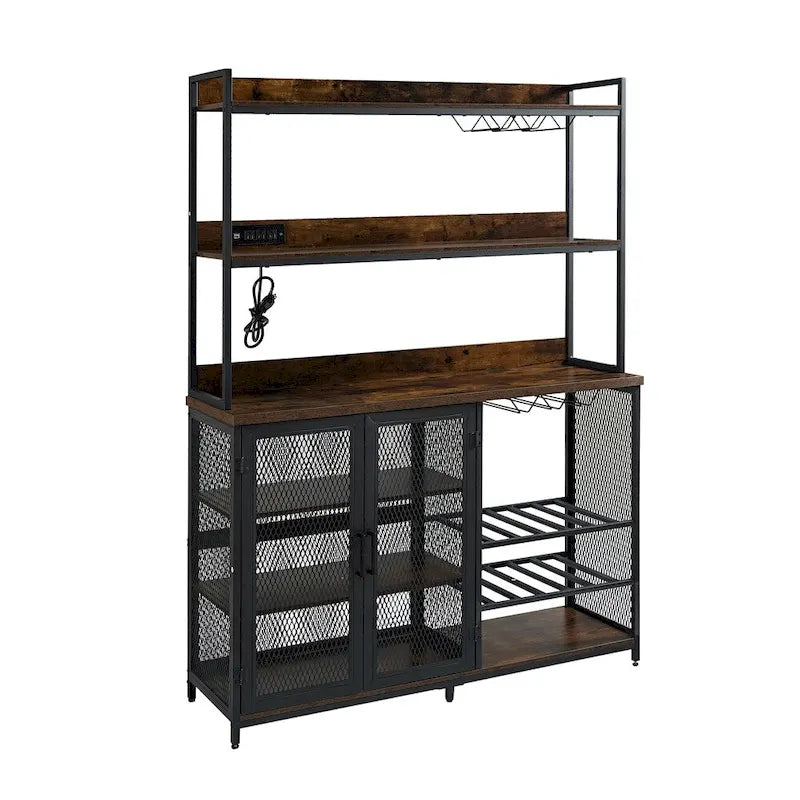 Brown Industrial 3-Tier Coffee Bar Cabinet with LED Strip and Power Outlet