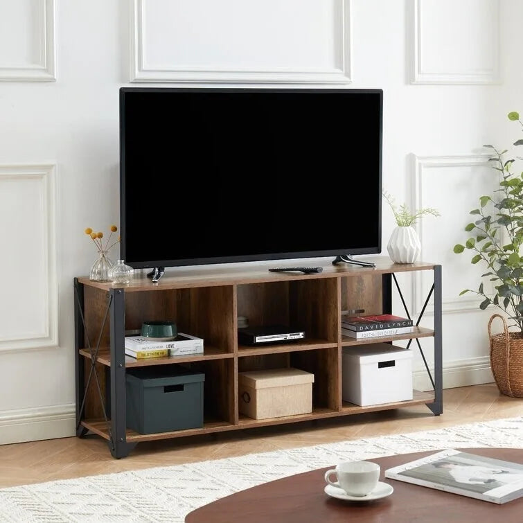 Gray Walnut / Rustic Oak Industrial TV Stand with 6 Shelves