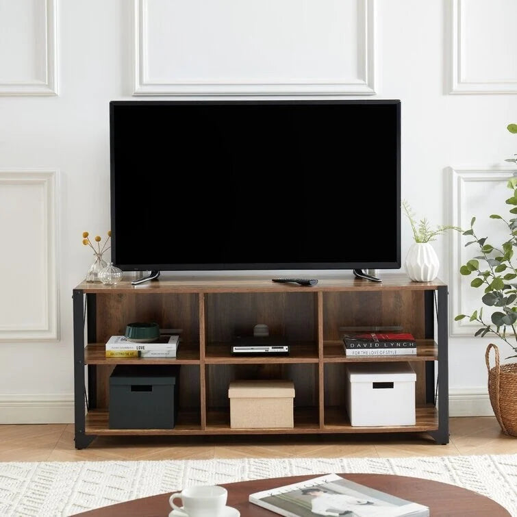 Gray Walnut / Rustic Oak Industrial TV Stand with 6 Shelves
