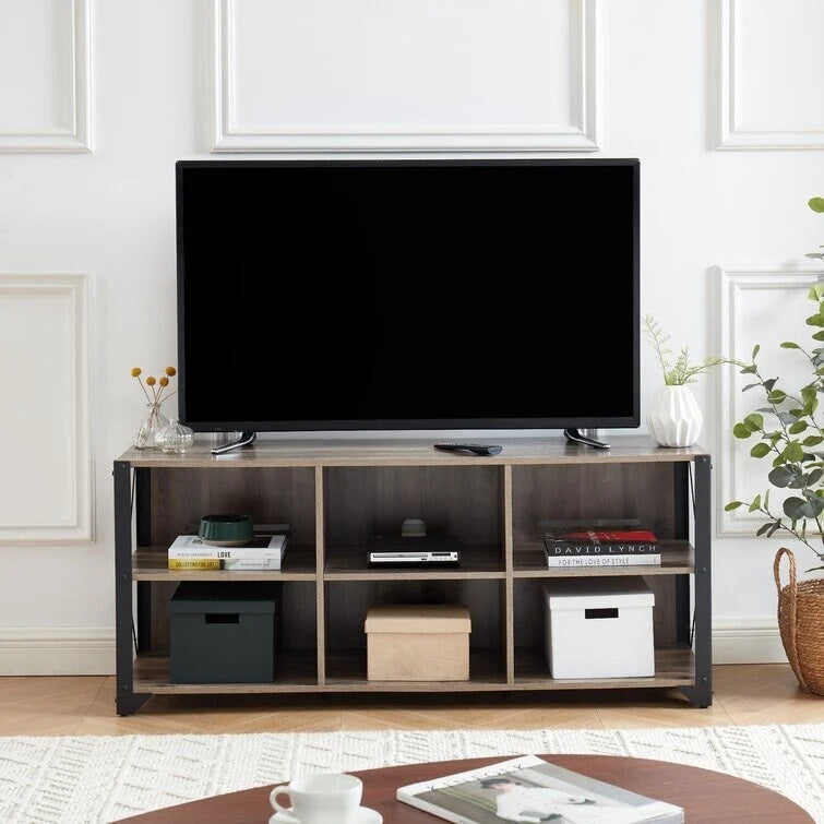 Gray Walnut / Rustic Oak Industrial TV Stand with 6 Shelves