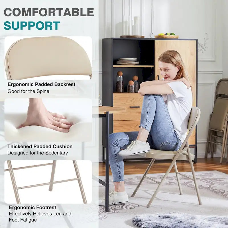 Beige PU Leather Folding Chair, Set of 2 – Metal Frame, Indoor/Outdoor