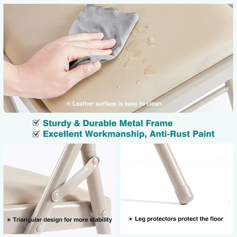 Beige PU Leather Folding Chair, Set of 2 – Metal Frame, Indoor/Outdoor