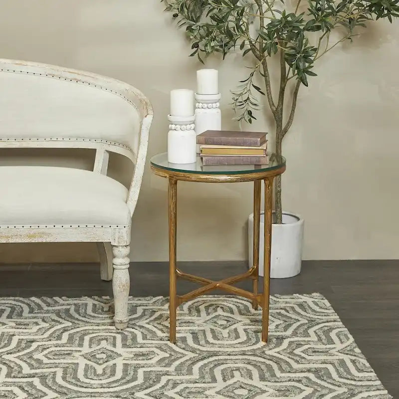 Gold / Silver Textured Metal Side Table with Glass Top – Modern Farmhouse, 1-Person Use