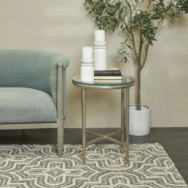 Gold / Silver Textured Metal Side Table with Glass Top – Modern Farmhouse, 1-Person Use