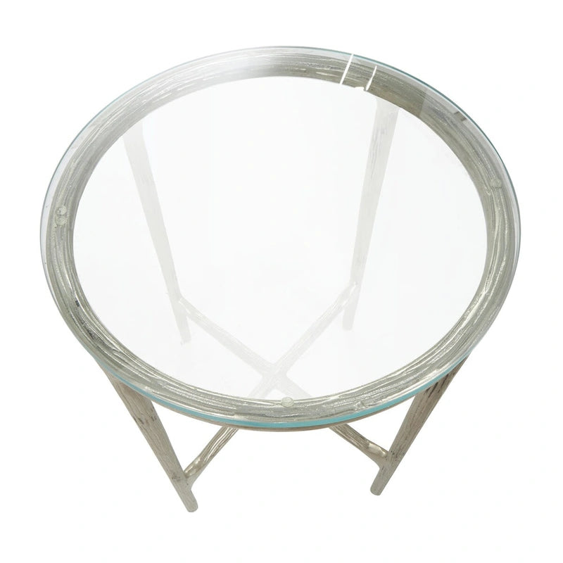 Gold / Silver Textured Metal Side Table with Glass Top – Modern Farmhouse, 1-Person Use