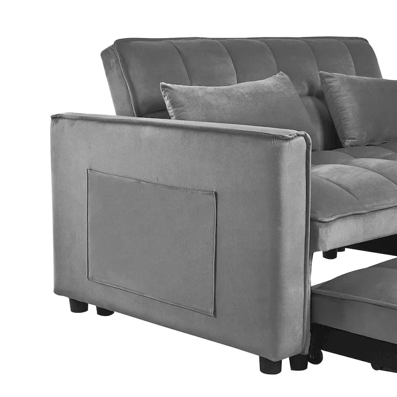 Canapé Futon Moderne en Velours avec Dossier Inclinable et Poches, 2 Places – Gris Foncé / Gris Clair / Bleu / Noir