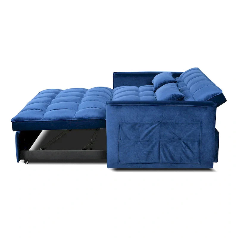 Canapé Futon Moderne en Velours avec Dossier Inclinable et Poches, 2 Places – Gris Foncé / Gris Clair / Bleu / Noir