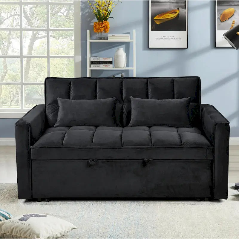 Canapé Futon Moderne en Velours avec Dossier Inclinable et Poches, 2 Places – Gris Foncé / Gris Clair / Bleu / Noir