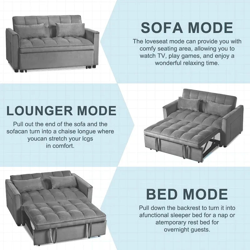 Canapé Futon Moderne en Velours avec Dossier Inclinable et Poches, 2 Places – Gris Foncé / Gris Clair / Bleu / Noir
