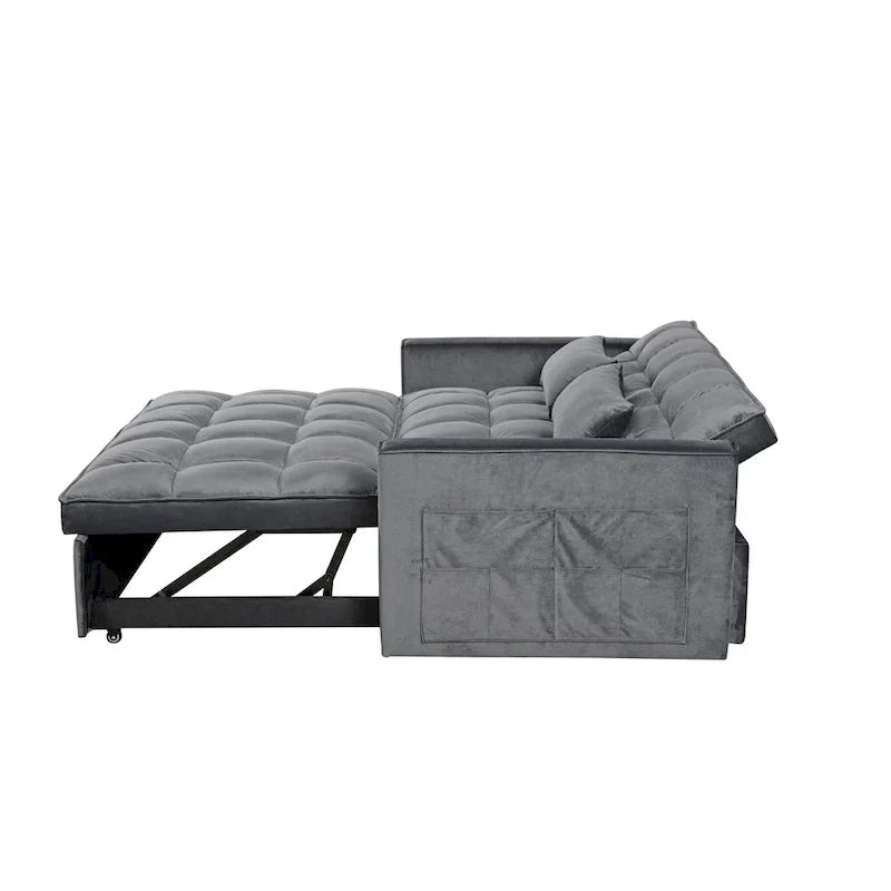 Canapé Futon Moderne en Velours avec Dossier Inclinable et Poches, 2 Places – Gris Foncé / Gris Clair / Bleu / Noir