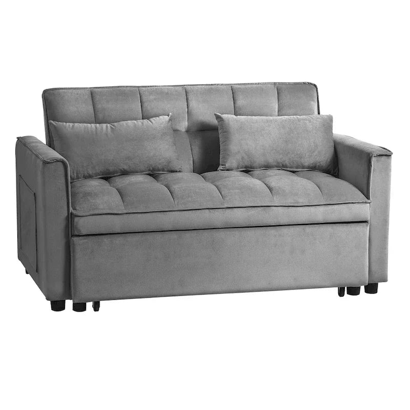 Canapé Futon Moderne en Velours avec Dossier Inclinable et Poches, 2 Places – Gris Foncé / Gris Clair / Bleu / Noir