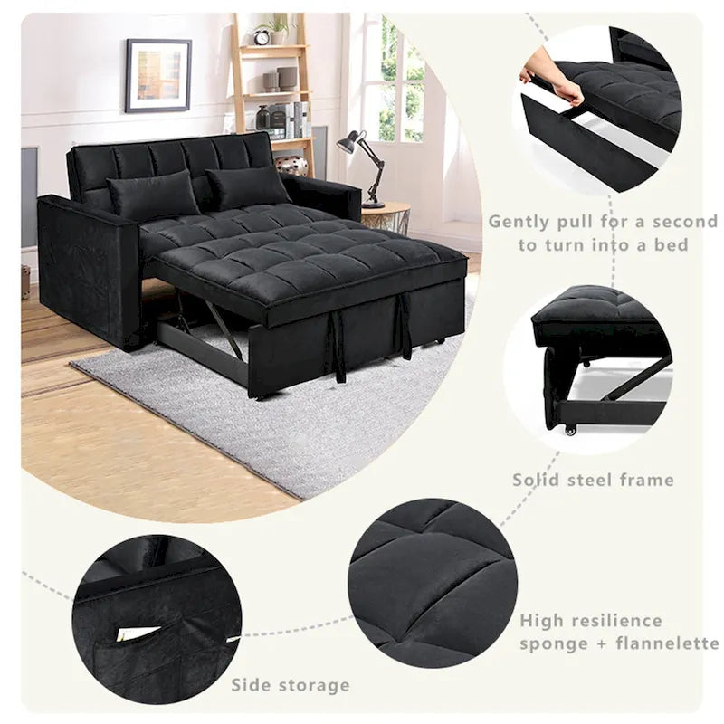 Canapé Futon Moderne en Velours avec Dossier Inclinable et Poches, 2 Places – Gris Foncé / Gris Clair / Bleu / Noir