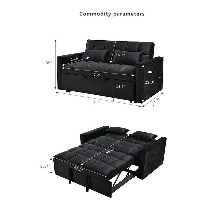 Canapé Futon Moderne en Velours avec Dossier Inclinable et Poches, 2 Places – Gris Foncé / Gris Clair / Bleu / Noir