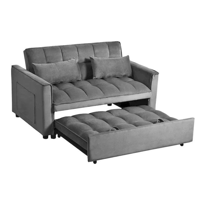Canapé Futon Moderne en Velours avec Dossier Inclinable et Poches, 2 Places – Gris Foncé / Gris Clair / Bleu / Noir